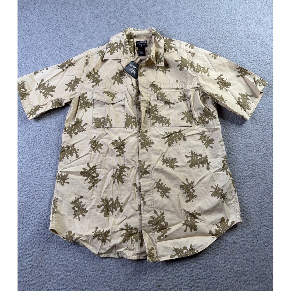 Stussy Button Up Ripstop Shirt Mens L Beige Kanji Splatter Salesman Sample